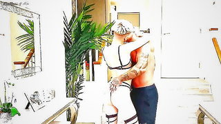 Amateur couple on a living room sofa in explicit scene