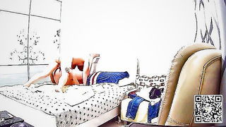 Couple on a patterned bedspread in an explicit scene