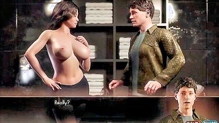 Couple on a patterned bedspread in an explicit scene