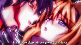 Couple on a patterned bedspread in an explicit scene