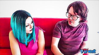 Couple on a made bed in an explicit scene