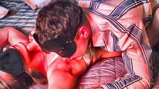 Couple on a patterned bedspread in an explicit scene