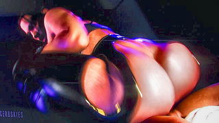 Couple on a made bed in an explicit scene