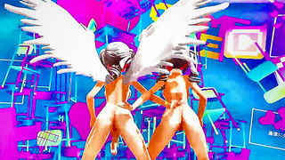 Studio set with performers in an explicit scene under bright lights