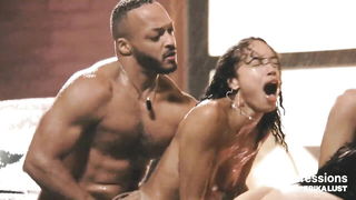 Studio set with performers in an explicit scene under bright lights