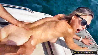 Couple on a made bed in an explicit scene