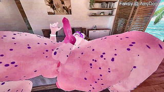Couple on a made bed in an explicit scene