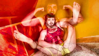 Solo performer with a toy on rumpled bedsheets
