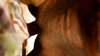 Couple on a made bed in an explicit scene