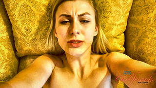 Couple on a patterned bedspread in an explicit scene